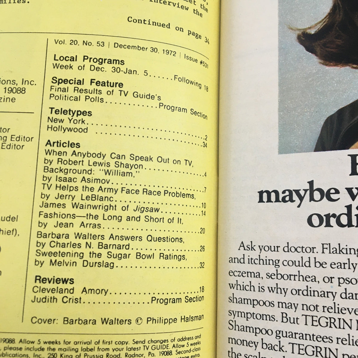 Interior page from TV Guide Magazine December 30 1972 with contents including an article by Barbara Walters, illustrating the magazine's features and historical significance.