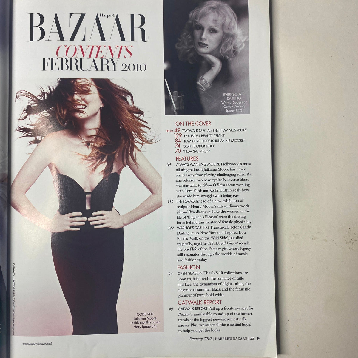 Contents page of Harper's Bazaar UK Magazine February 2010 detailing articles and features including Julianne Moore and fashion highlights.