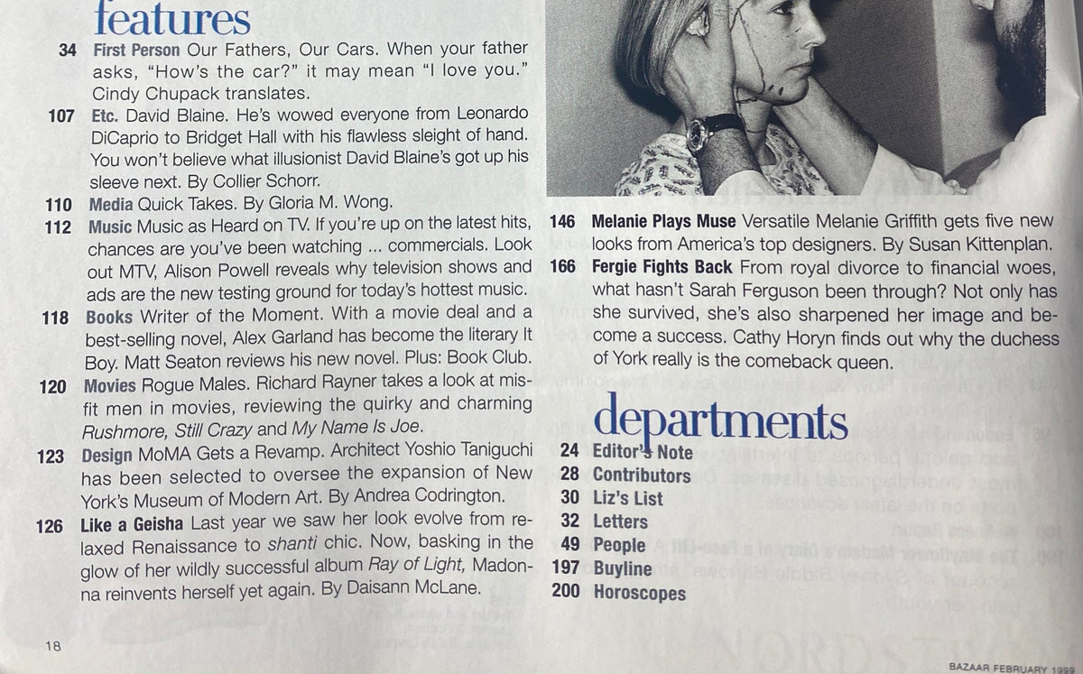 Editorial content from Harper's Bazaar Magazine February 1999 featuring the article 'Melanie Plays Muse', showcasing versatile style and fashion commentary.