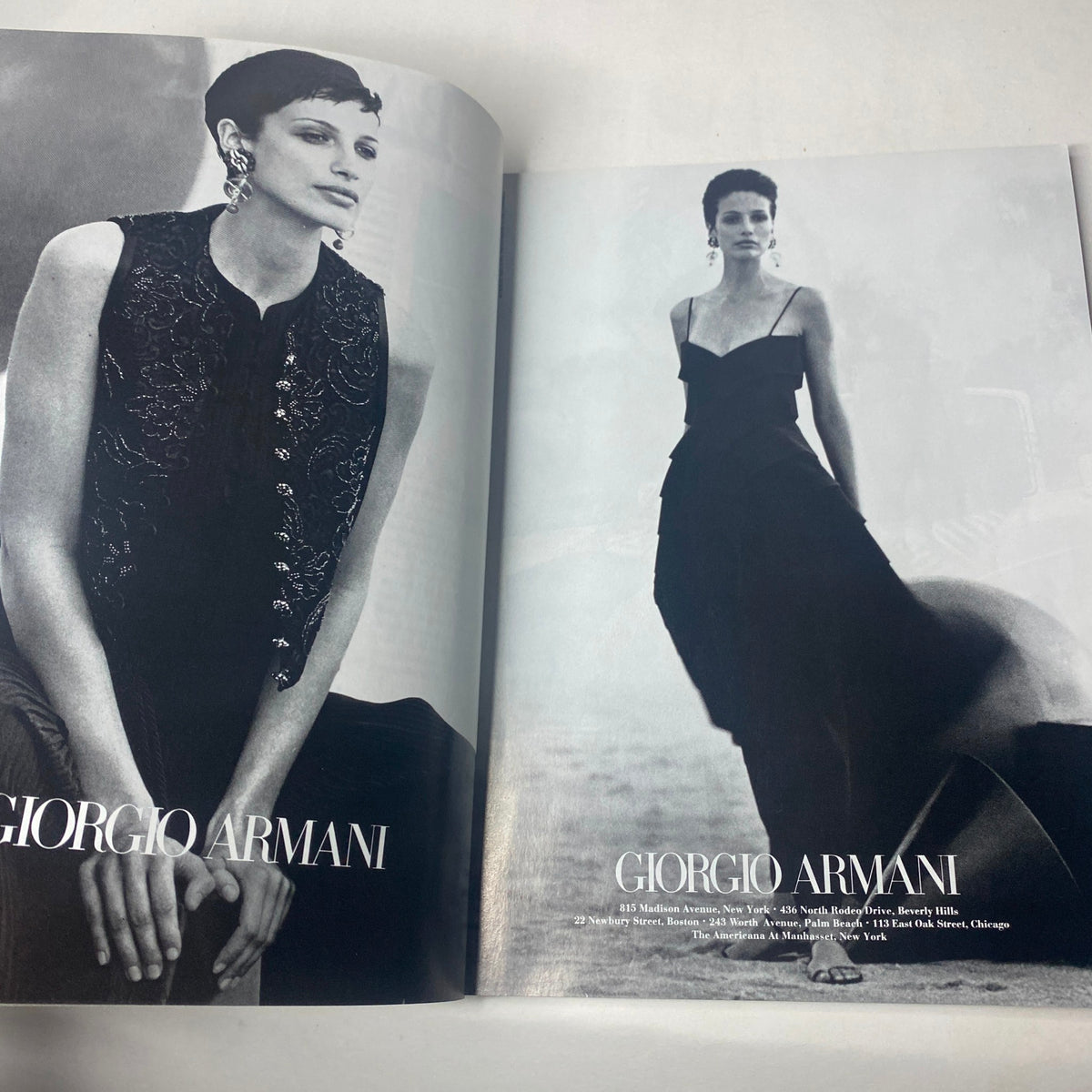Harper's Bazaar Magazine February 1993 with a Giorgio Armani advertisement, displaying models in elegant eveningwear.