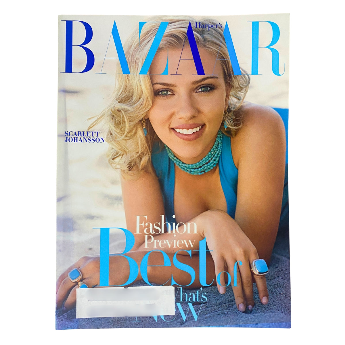 Harper's Bazaar Magazine January 2005 featuring Scarlett Johansson on the cover, showcasing a glamorous look with a stunning halter dress and accessories.