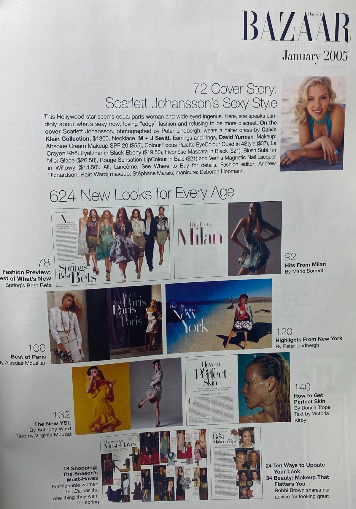 Inside page from Harper's Bazaar Magazine January 2005, featuring the cover story on Scarlett Johansson's sexy style and various fashion editorial highlights.
