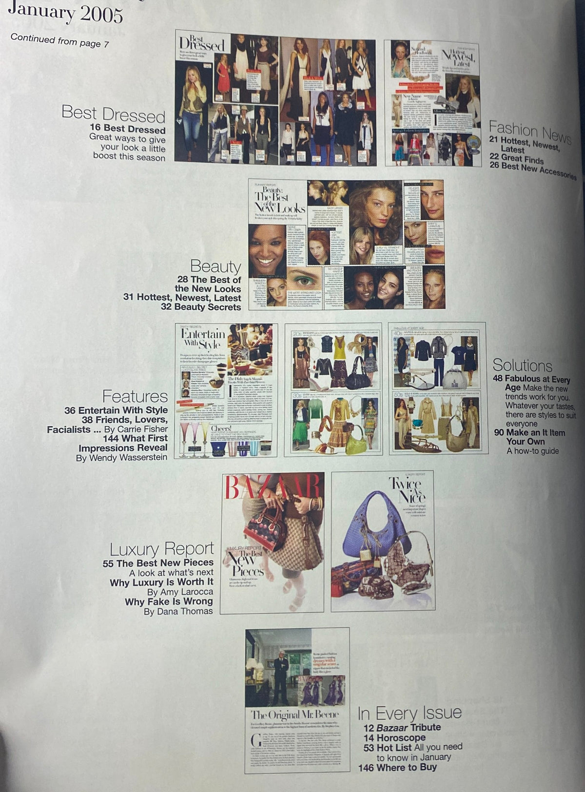 Another page from Harper's Bazaar Magazine January 2005, listing notable features, beauty tips, and fashion advice, emphasizing high-end trends.