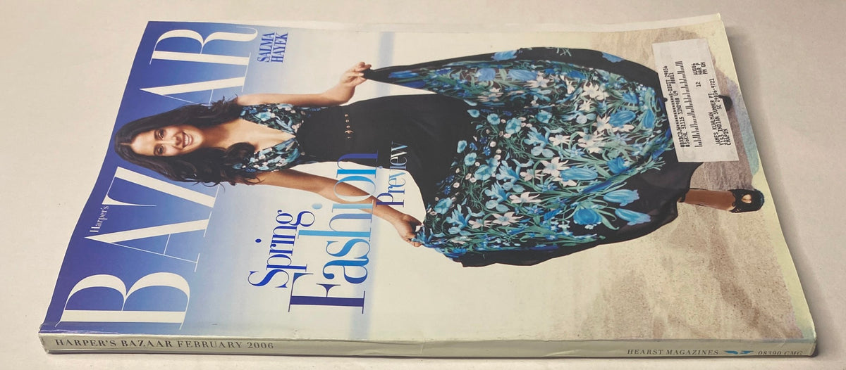 Harper's Bazaar Magazine February 2006 cover with Salma Hayek showcasing a vibrant dress, celebrating Spring Fashion Preview.