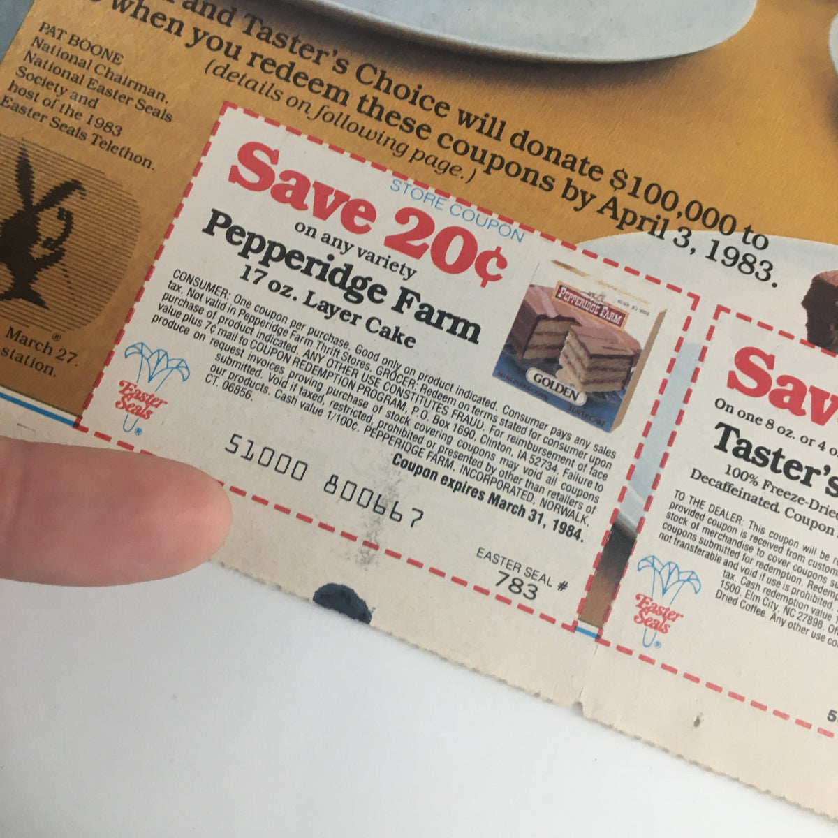 Close-up of a 1983 Pepperidge Farm coupon for 20 cents off any variety of layer cake, part of the Taster's Choice Coffee Circular Coupon Advertisement.
