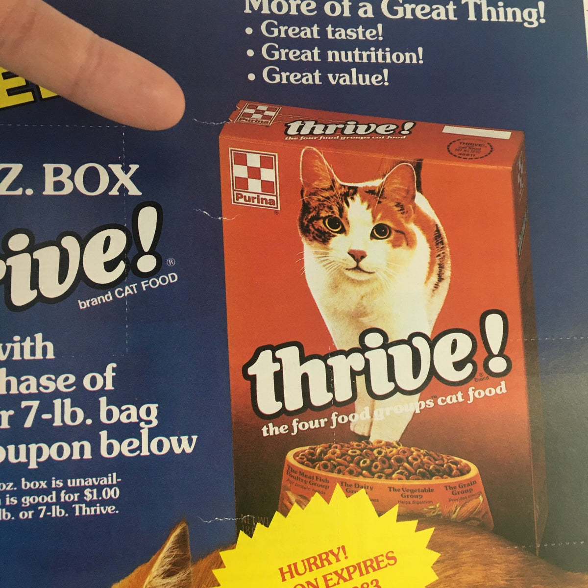 1983 Purina Thrive Cat Food Circular Coupon Advertisement featuring Purina Thrive cat food box with a cat, emphasizing great nutrition and taste.