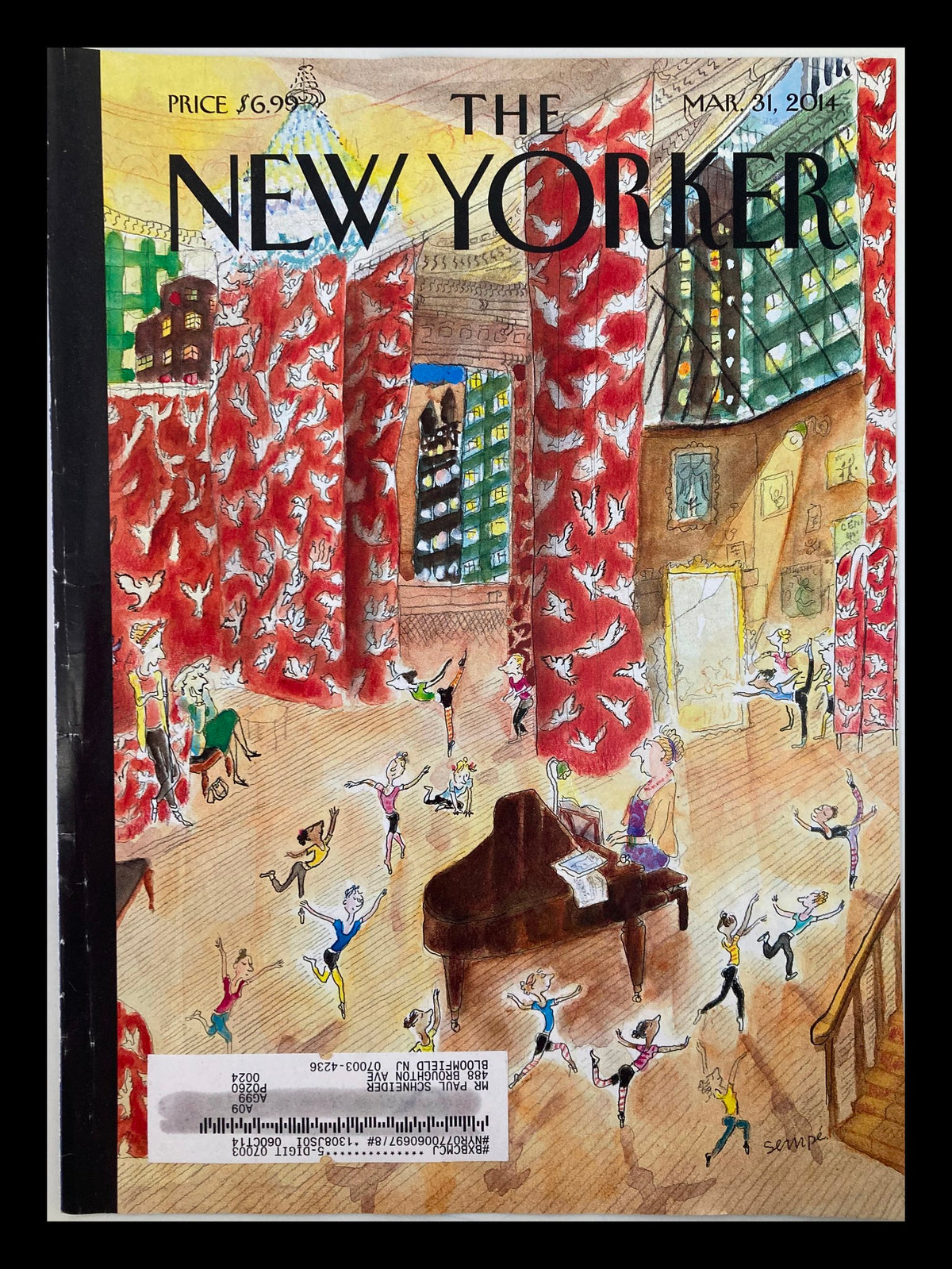 Cover art of The New Yorker, March 31, 2014, titled 'Tiny Dancers' by Jean-Jacques Sempe. Features vibrant illustrations of dancers in a lively setting with red drapes and a grand piano.