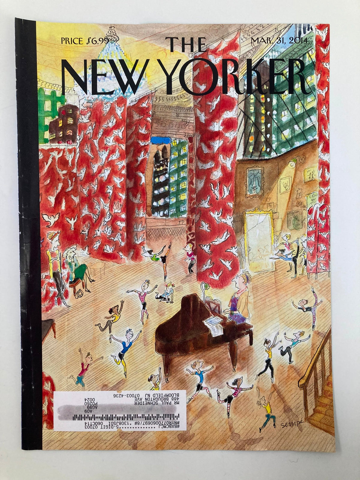 Cover image of The New Yorker from March 31, 2014, showcasing 'Tiny Dancers' by Jean-Jacques Sempe. The artwork depicts a dynamic dance scene with colorful details and artistic elements.