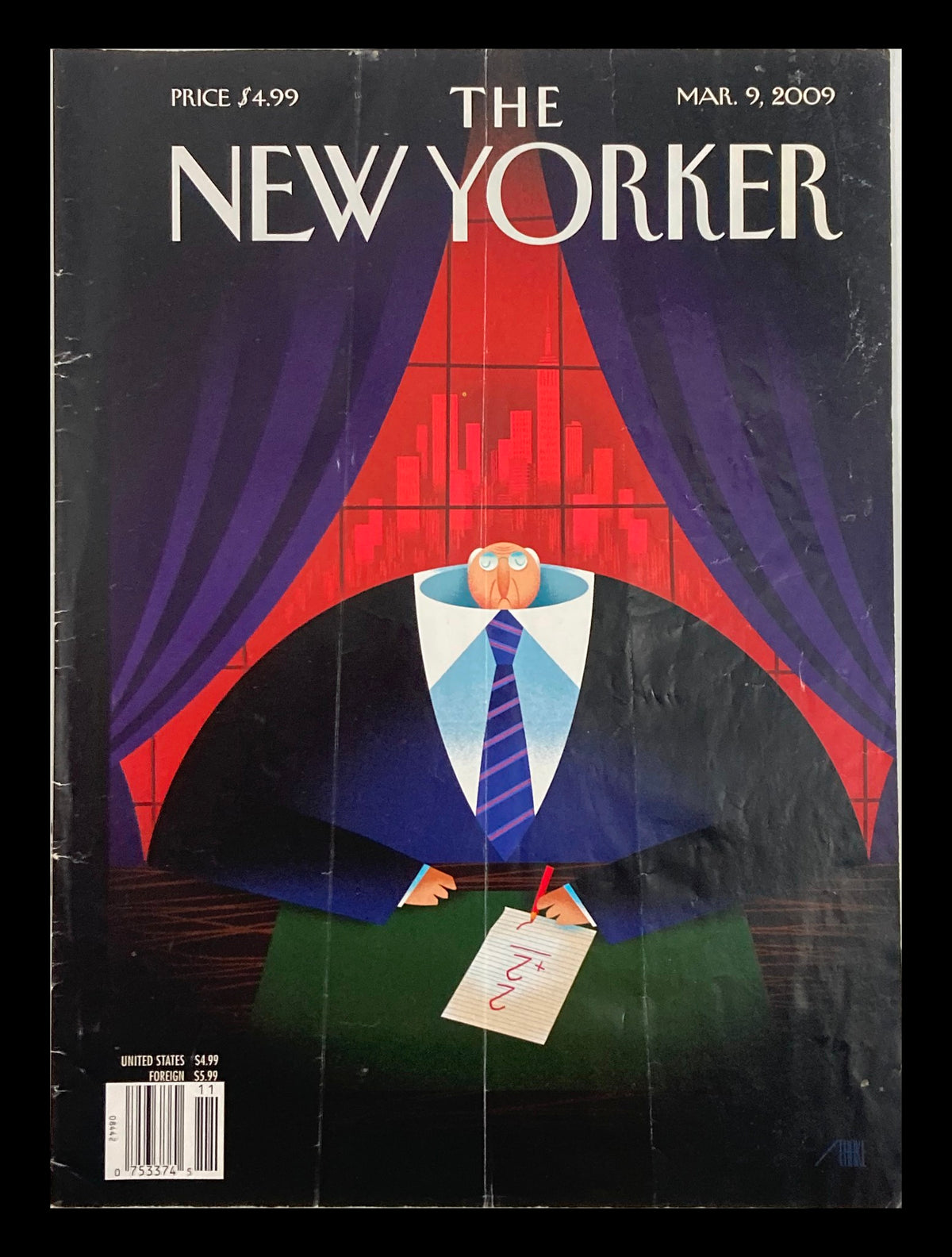 COVER ONLY The New Yorker March 9 2009 Theme Cover downsized by Bob Staake featuring a stylized character in a suit, sitting behind a desk with a notepad.