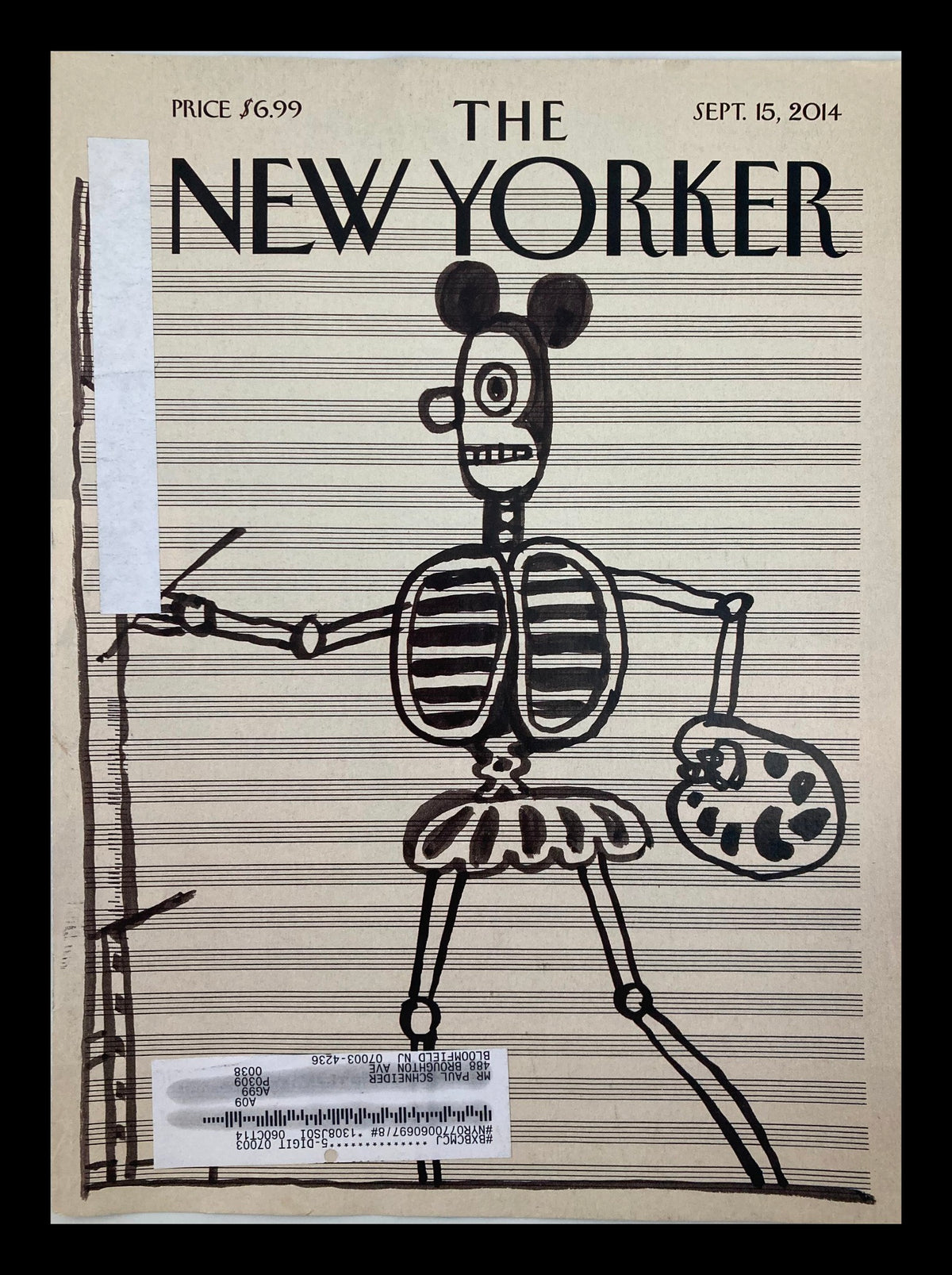 COVER ONLY The New Yorker September 15 2014 Untitled, Circa 1967 by S. Steinberg featuring a whimsical skeleton figure holding a paint palette.