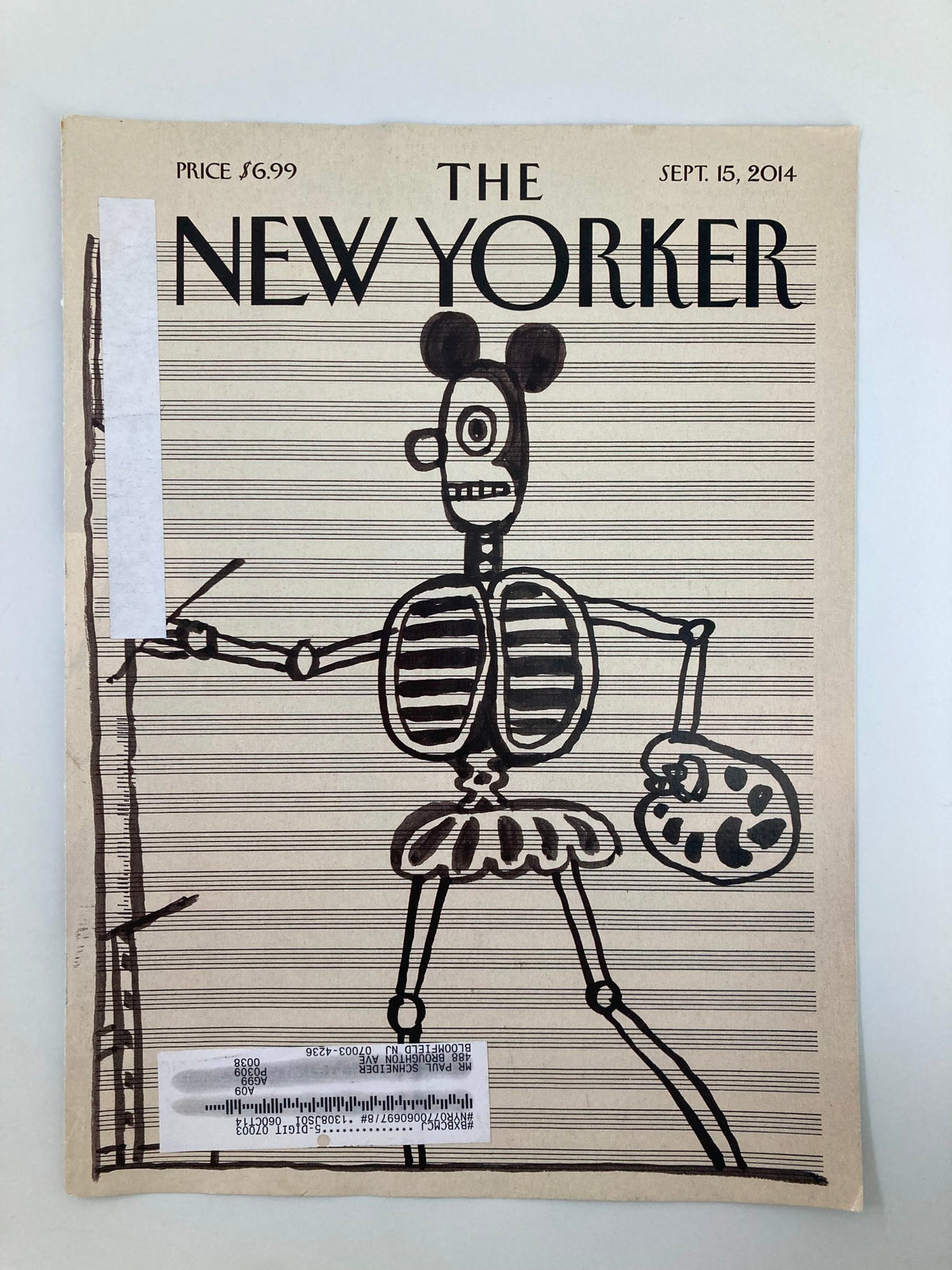 COVER ONLY The New Yorker September 15 2014 Untitled, Circa 1967 by S. Steinberg displaying an illustration of a playful skeleton with a paintbrush and palette.