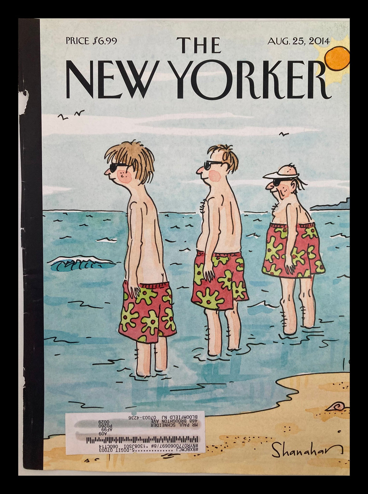 Cover art from The New Yorker August 25 2014 titled 'Trunk Show' by Danny Shanahan, featuring three men in flower-patterned shorts standing at the beach.