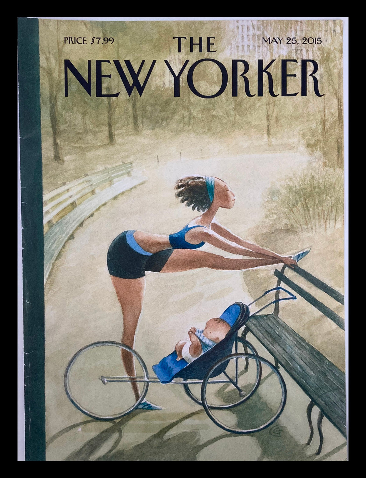 The New Yorker May 25 2015 cover titled 'Early Start' by Carter Goodrich, featuring a whimsical illustration of a woman exercising while pushing a stroller in a park.