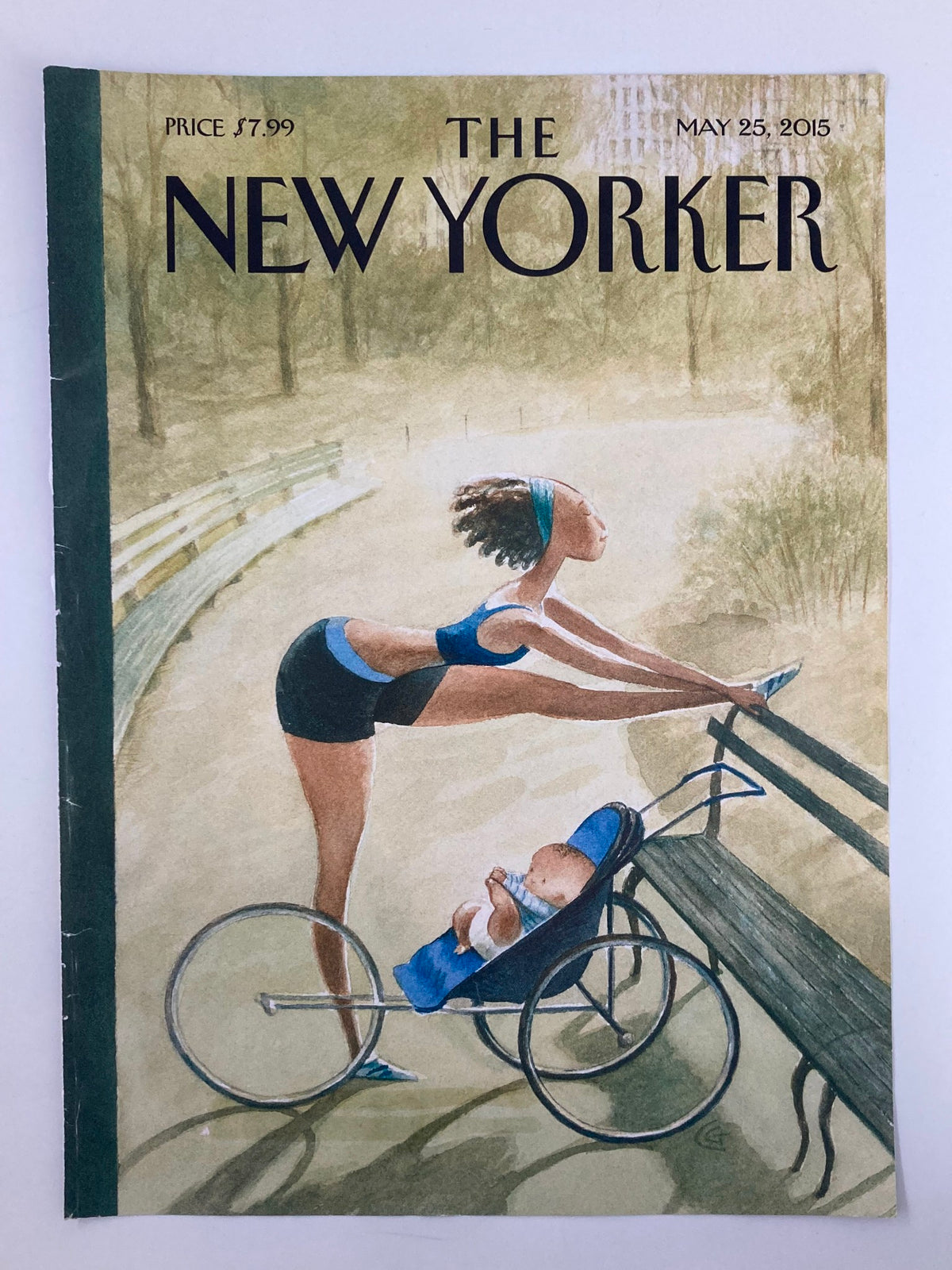 The New Yorker May 25 2015 cover titled 'Early Start' by Carter Goodrich, showcasing a playful illustration of a woman stretching beside a stroller in a serene park setting.