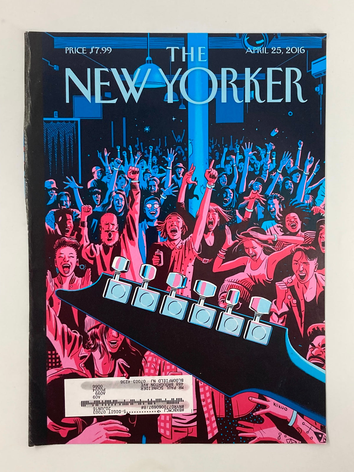 Cover of The New Yorker, April 25, 2016, titled 'Closing Set' by R. Kikou Johnson showcasing an energetic crowd with vivid colors and expressive reactions.