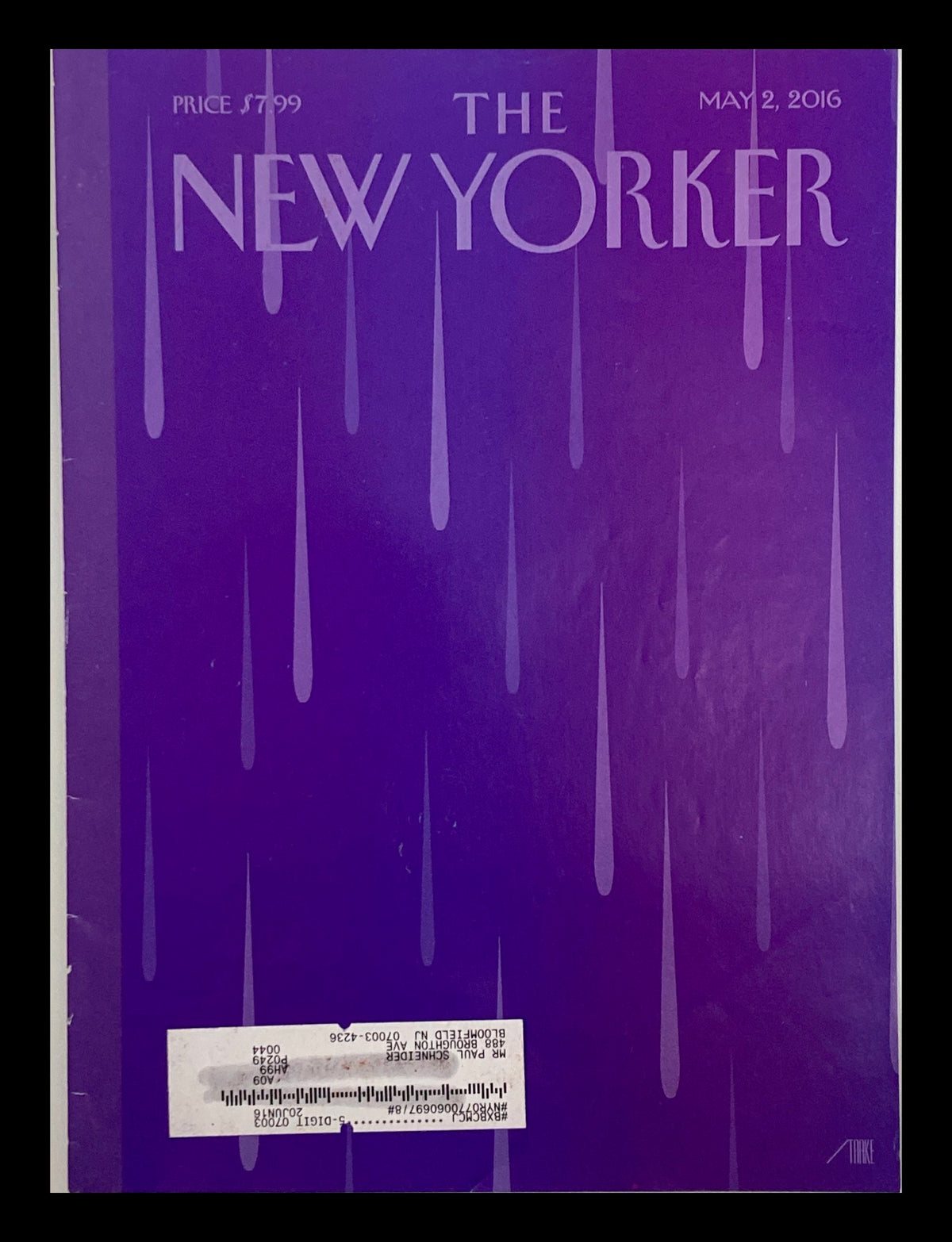 Cover of The New Yorker magazine dated May 2, 2016, featuring a purple rain theme by Bob Staake. The cover displays vertical purple rain streaks against a purple background.