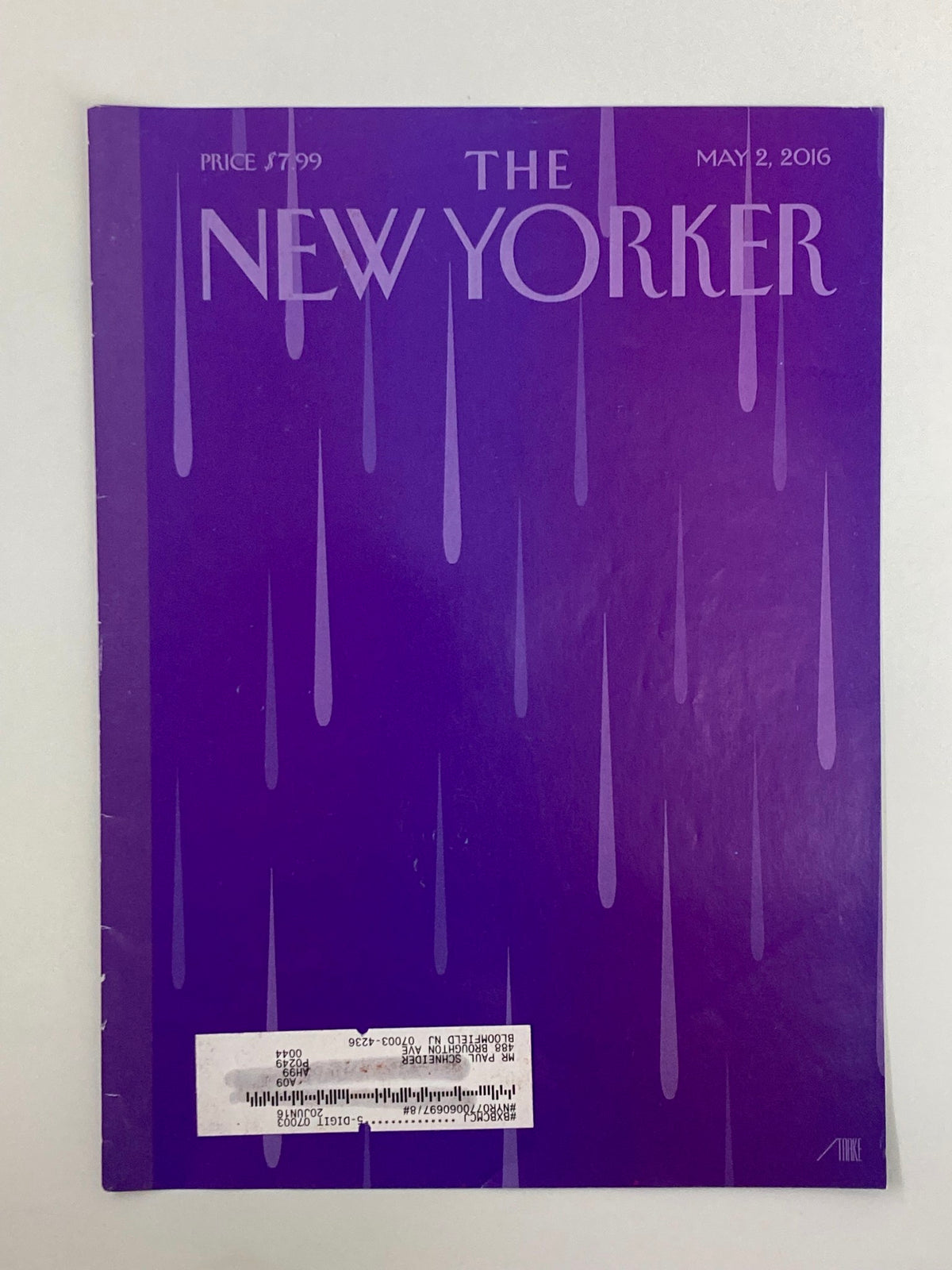Cover of The New Yorker magazine from May 2, 2016, showcasing a purple rain design by Bob Staake. The cover includes a minimalist style with repeated purple rain elements.