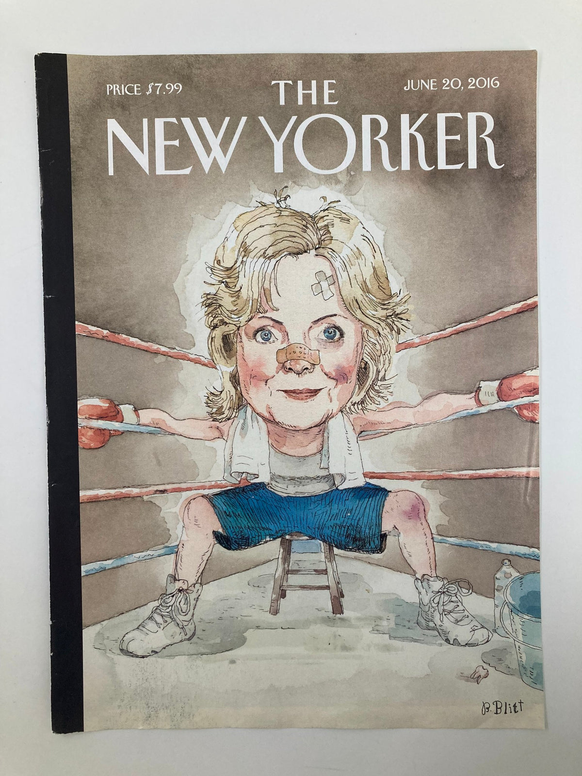 Cover of The New Yorker from June 20, 2016, showcasing a striking illustration of Hillary Clinton by Barry Blitt, set in a boxing ring.