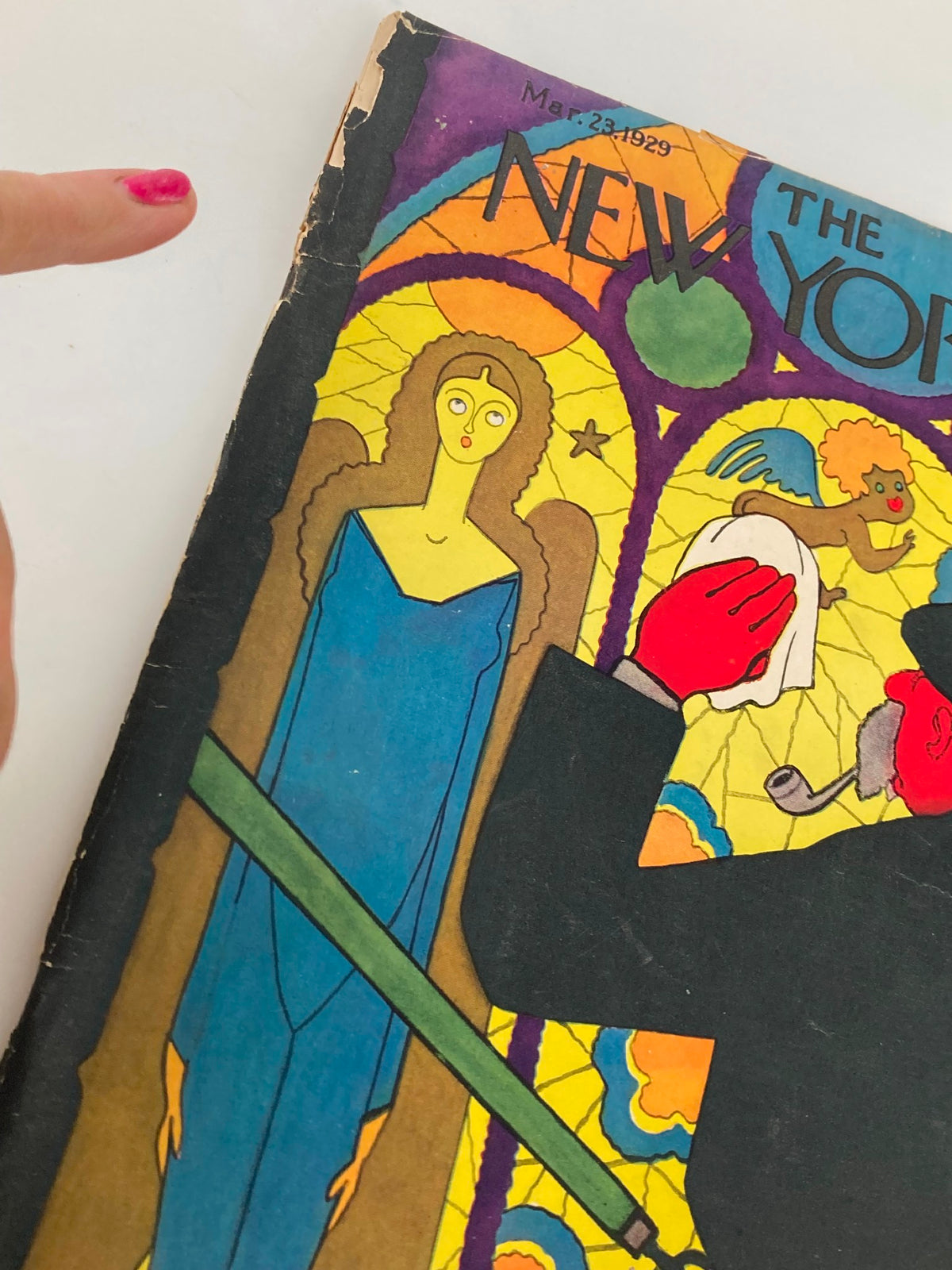 The New Yorker Magazine March 23 1929 cover featuring a colorful illustration by Gardner Rea, depicting a man cleaning stained glass with an angelic figure in the background, showcasing the artistic style of the late 1920s.