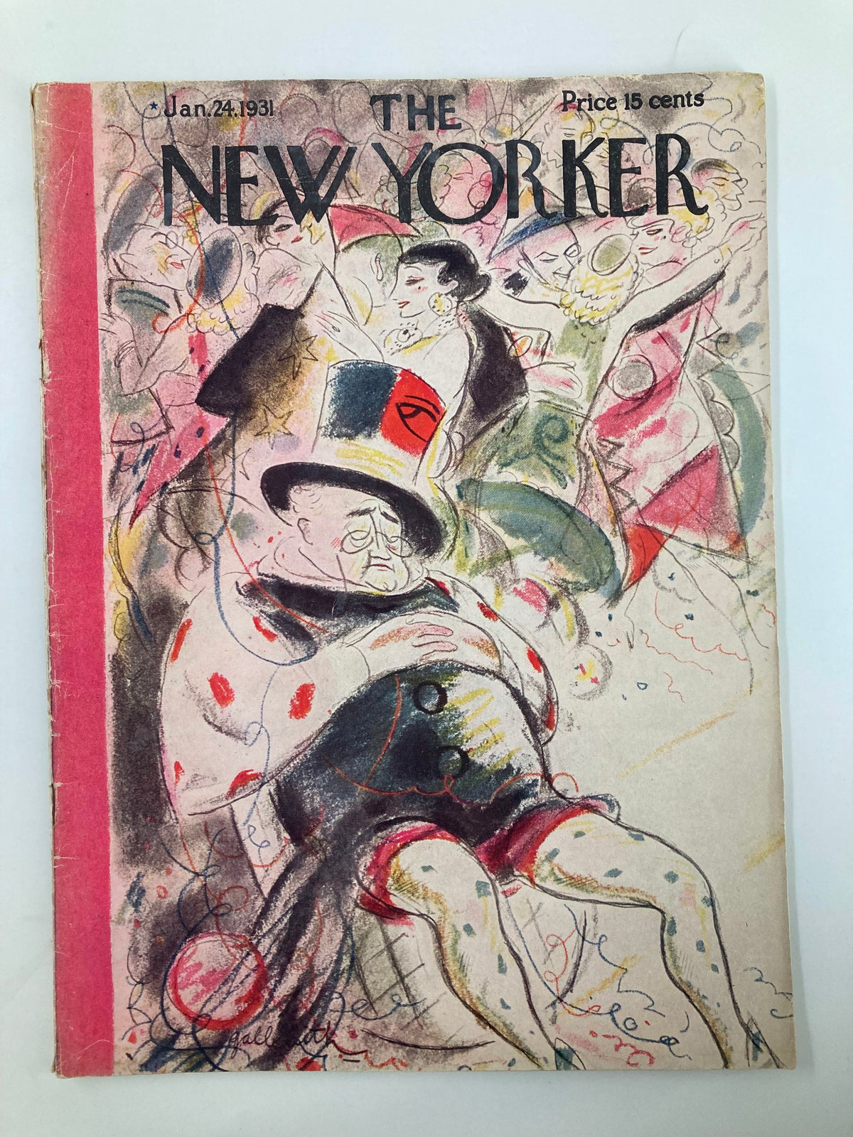 Cover of The New Yorker Magazine January 24 1931, featuring the artwork 'Sleeping Man' by William Gailbraith. The cover includes colorful illustrations of figures and a prominent figure in a top hat, embodying the vibrant style of the era.