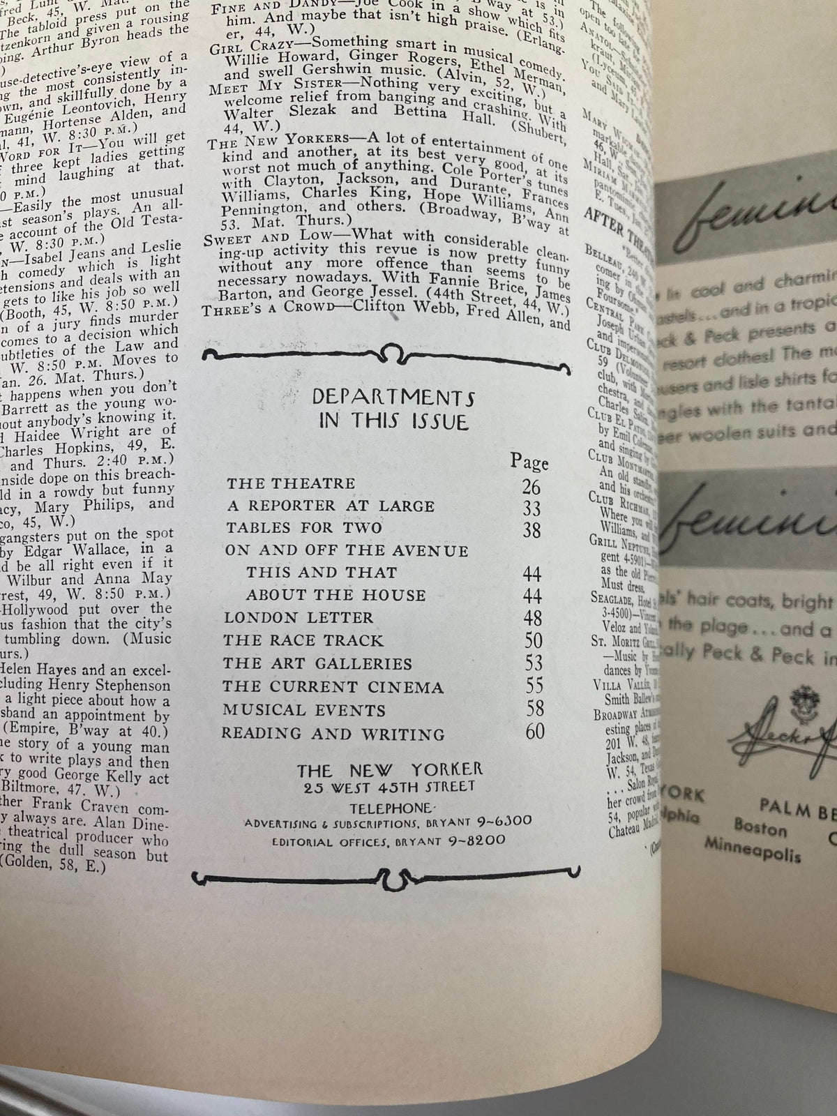 Interior page from The New Yorker Magazine January 24 1931, displaying the table of contents which outlines various sections and features of the issue, providing insight into the magazine's content at that time.
