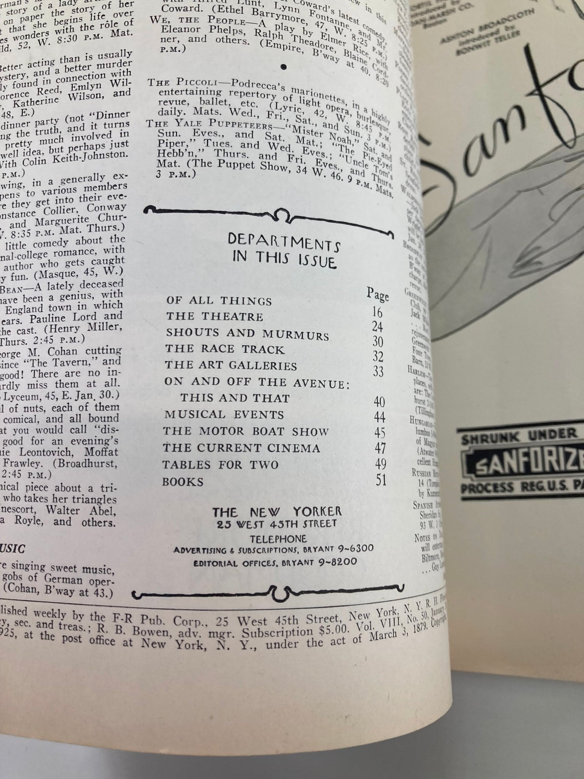 Interior pages of The New Yorker Magazine January 28 1933 featuring departments in this issue including the theatre, art galleries, and current cinema, showcasing classic 20th-century publication layout.