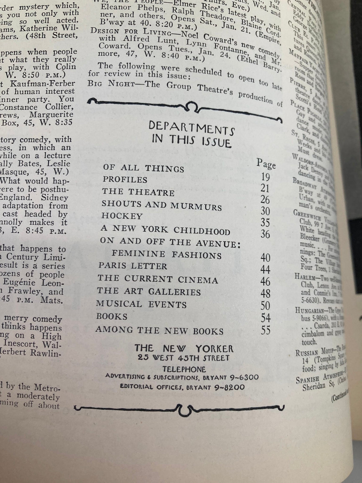 Interior page of The New Yorker Magazine January 21, 1933, showcasing the table of contents with listed articles and sections reflecting cultural insights of the early 1930s.