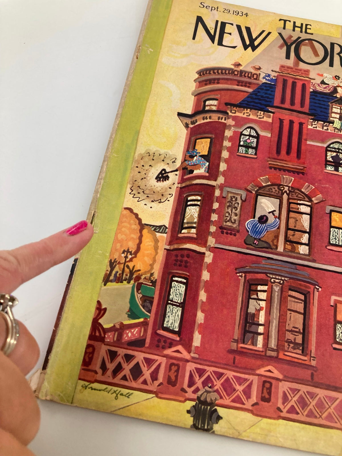 Close-up view of The New Yorker Magazine September 29 1934 cover, highlighting the detailed artwork of a Brownstone House by Arnold Hall, with visible minor wear and vintage aesthetic.