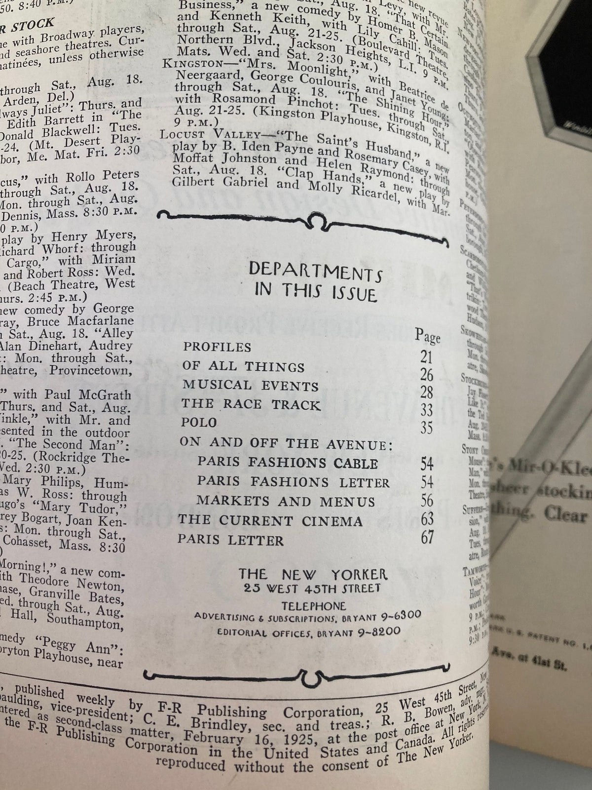 Interior page from The New Yorker Magazine August 18 1934 displaying the table of contents and sections in this vintage issue.