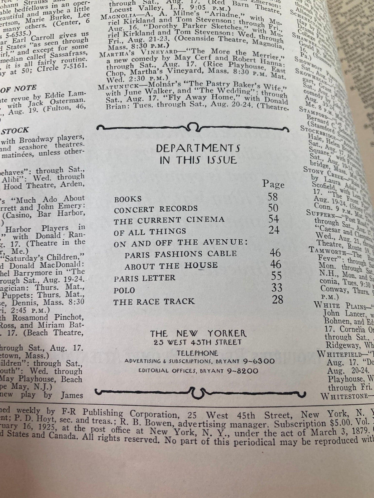Interior page showing the table of contents of The New Yorker Magazine August 17, 1935, outlining various sections and articles featured in that edition.