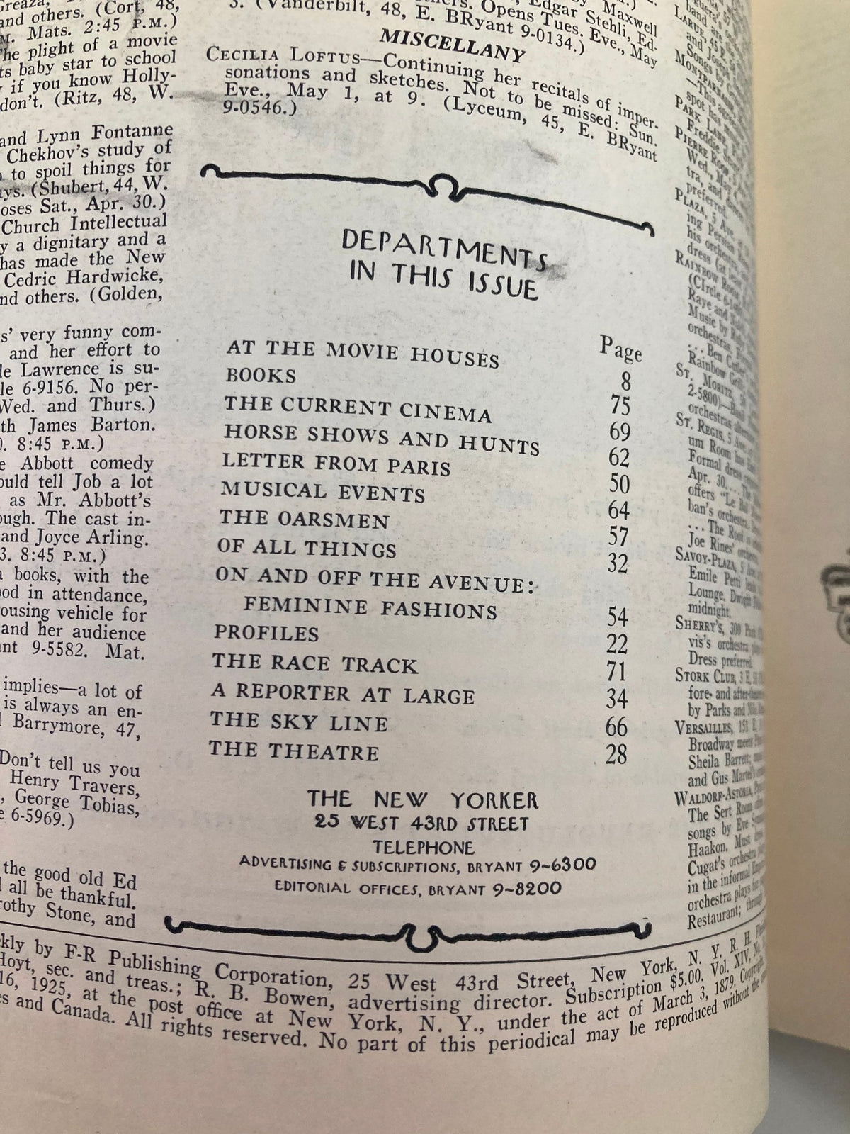 Interior page of The New Yorker Magazine April 30 1938, displaying the departments and articles in this issue, including movie houses, profiles, and more.