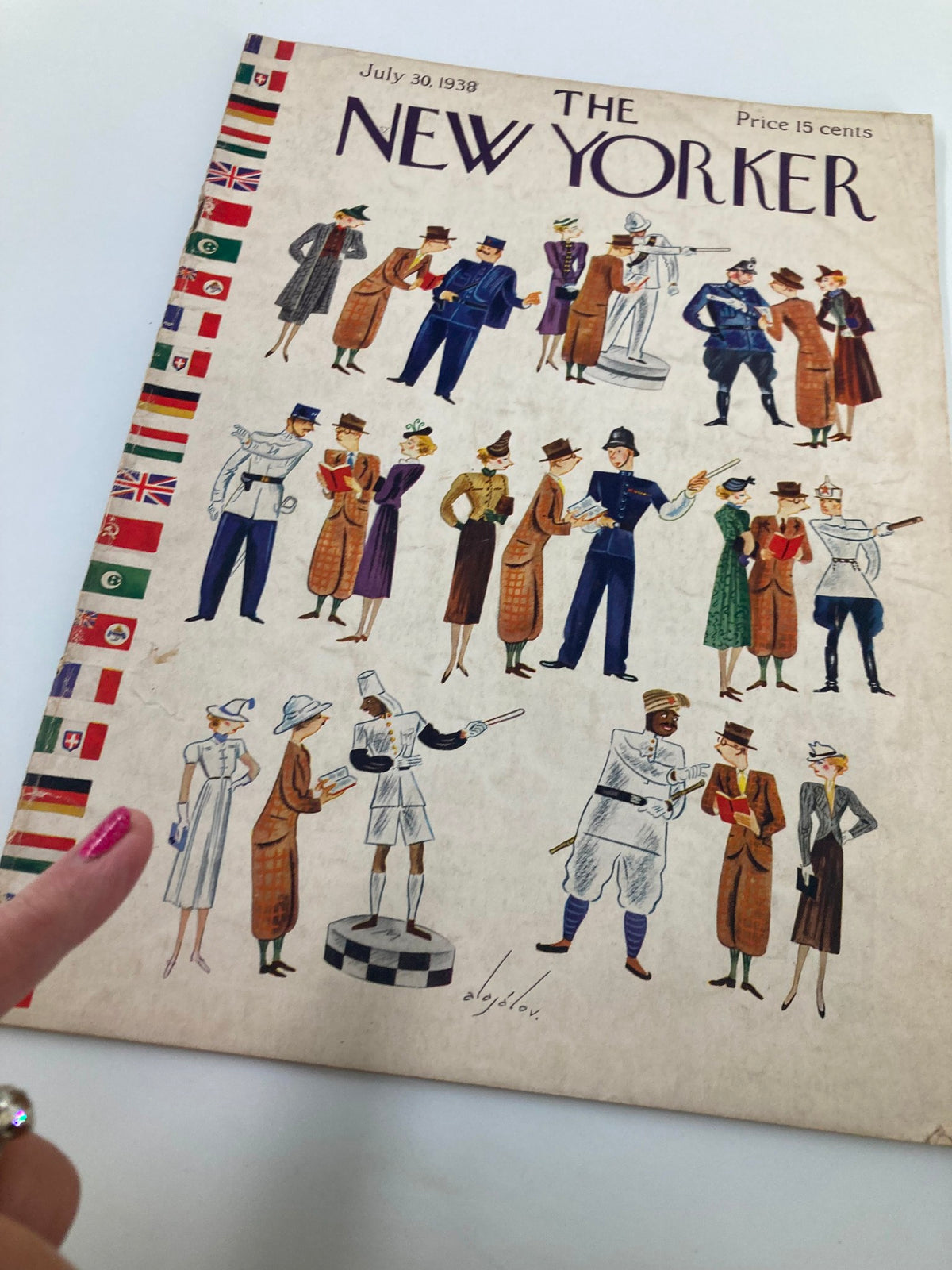Cover of The New Yorker Magazine from July 30, 1938, featuring artwork by Constantin Alajalov, depicting various characters in an urban setting.