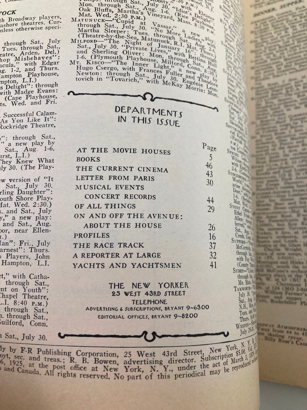 Inside page of The New Yorker Magazine July 30, 1938, showcasing the table of contents with listed departments and features.