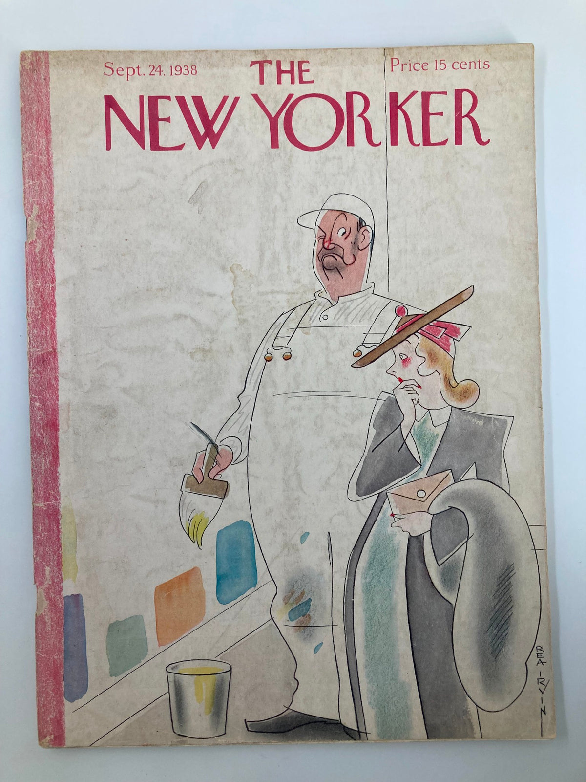Cover of The New Yorker Magazine from September 24, 1938, featuring the illustration 'Lady Choosing Paint' by Rea Irvin, showcasing a woman contemplating paint options next to a painter.