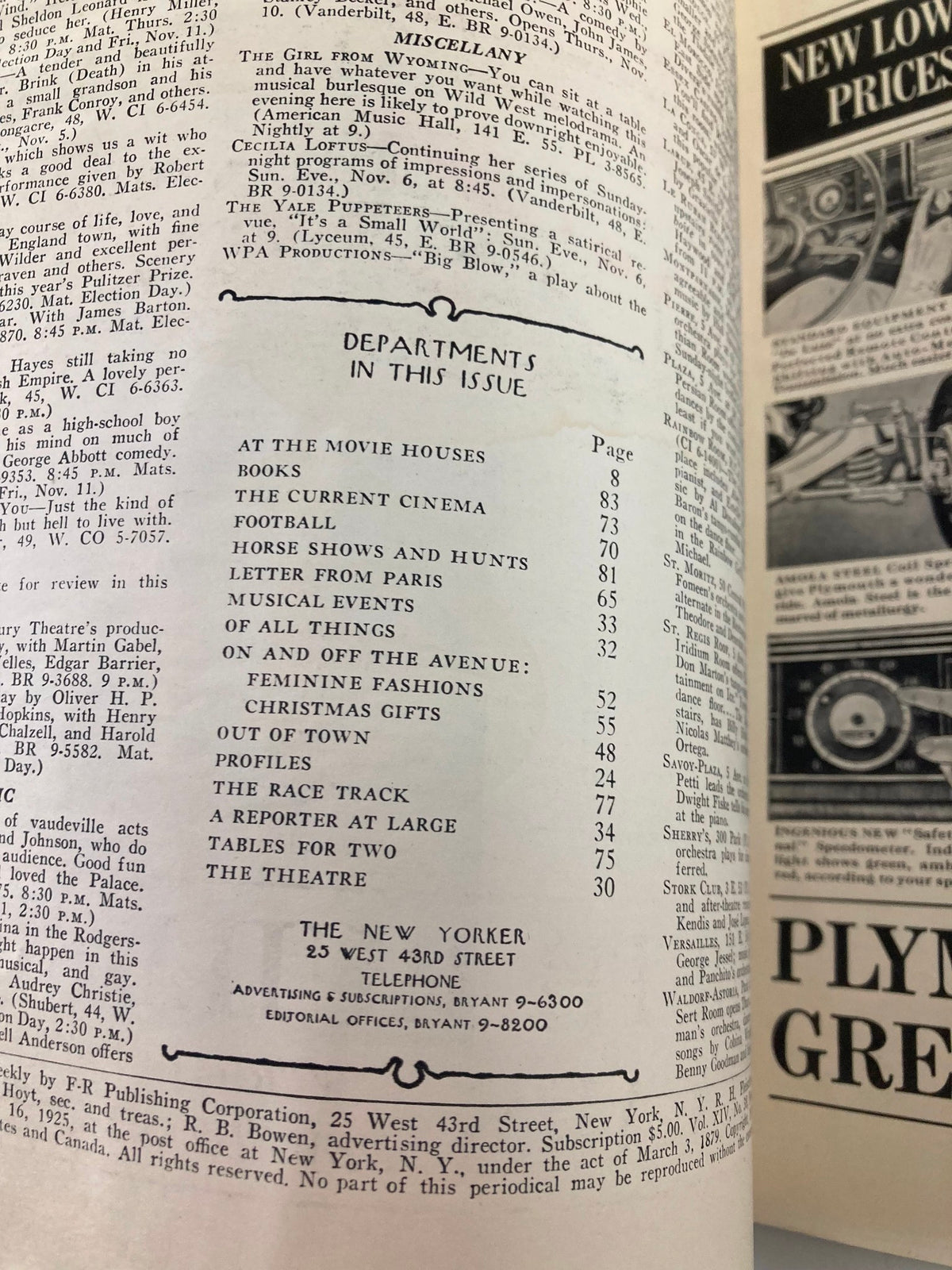 Inside page of The New Yorker Magazine, November 5, 1938 featuring department listings including 'Departments in This Issue', highlighting various cultural topics and entertainment features. This page accompanies the iconic cover titled 'Final Horse Show' by Perry Barlow.