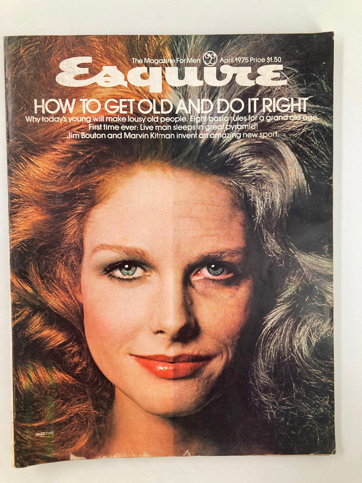 VTG Esquire Magazine April 1975 cover featuring the title 'How To Get Old and Do It Right' with an artistic portrait of a woman showcasing 1970s fashion.