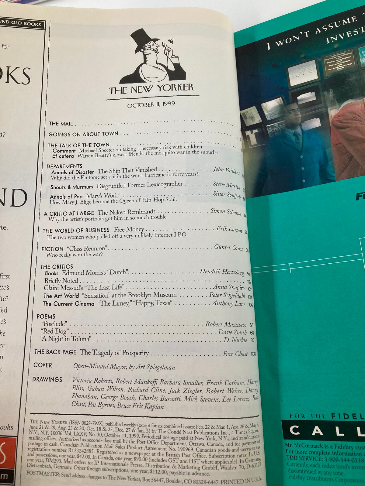 The interior page of The New Yorker Magazine from October 11, 1999, featuring the table of contents and an illustration of a man in a top hat. The issue includes articles on various topics and the cover story, 'Open-Minded Mayor' by Art Spiegelman.