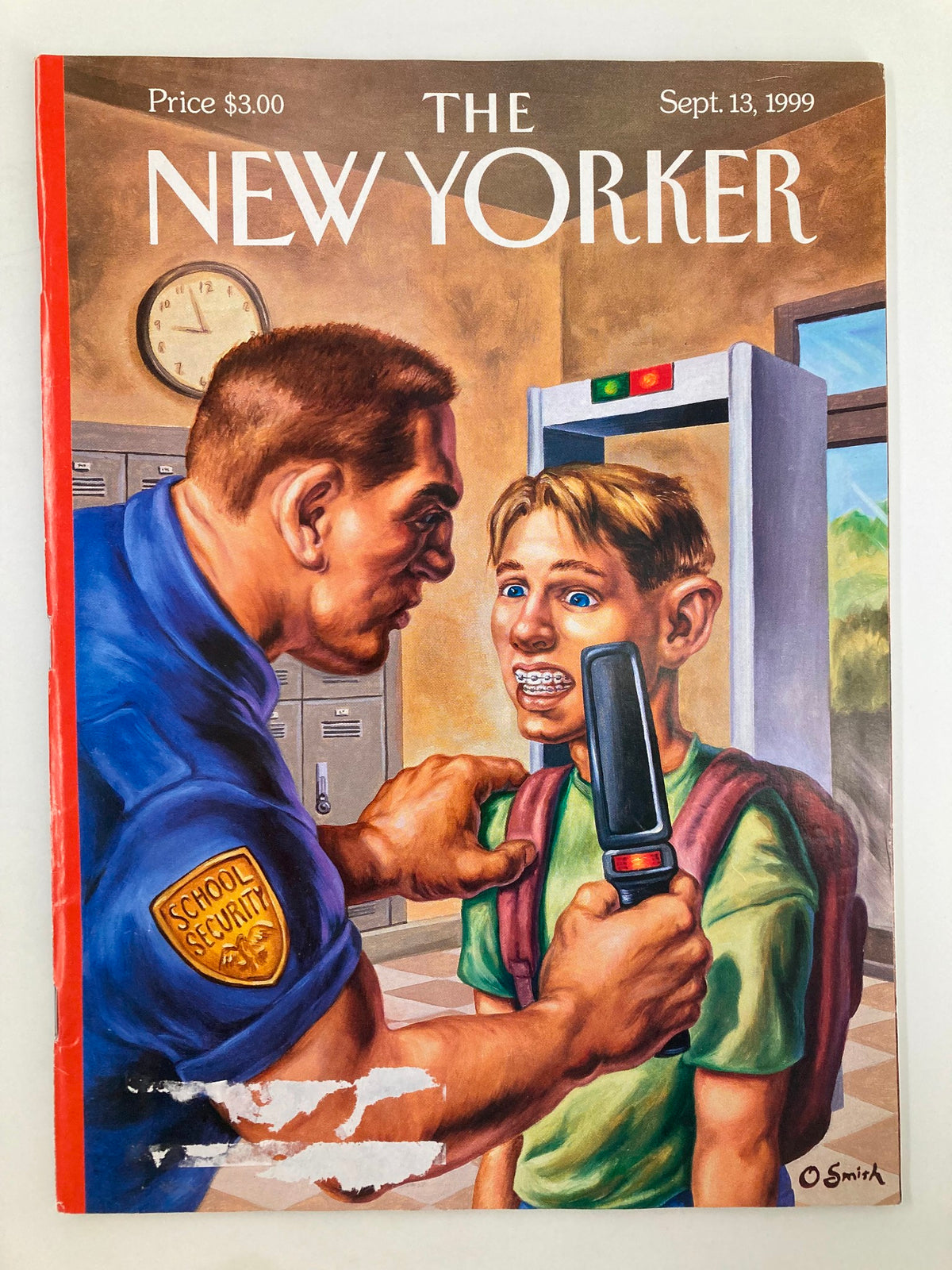 Cover of The New Yorker Magazine September 13, 1999, featuring the artwork "Brace Yourself" by Owen Smith, depicting a tense interaction between a security officer and a student.