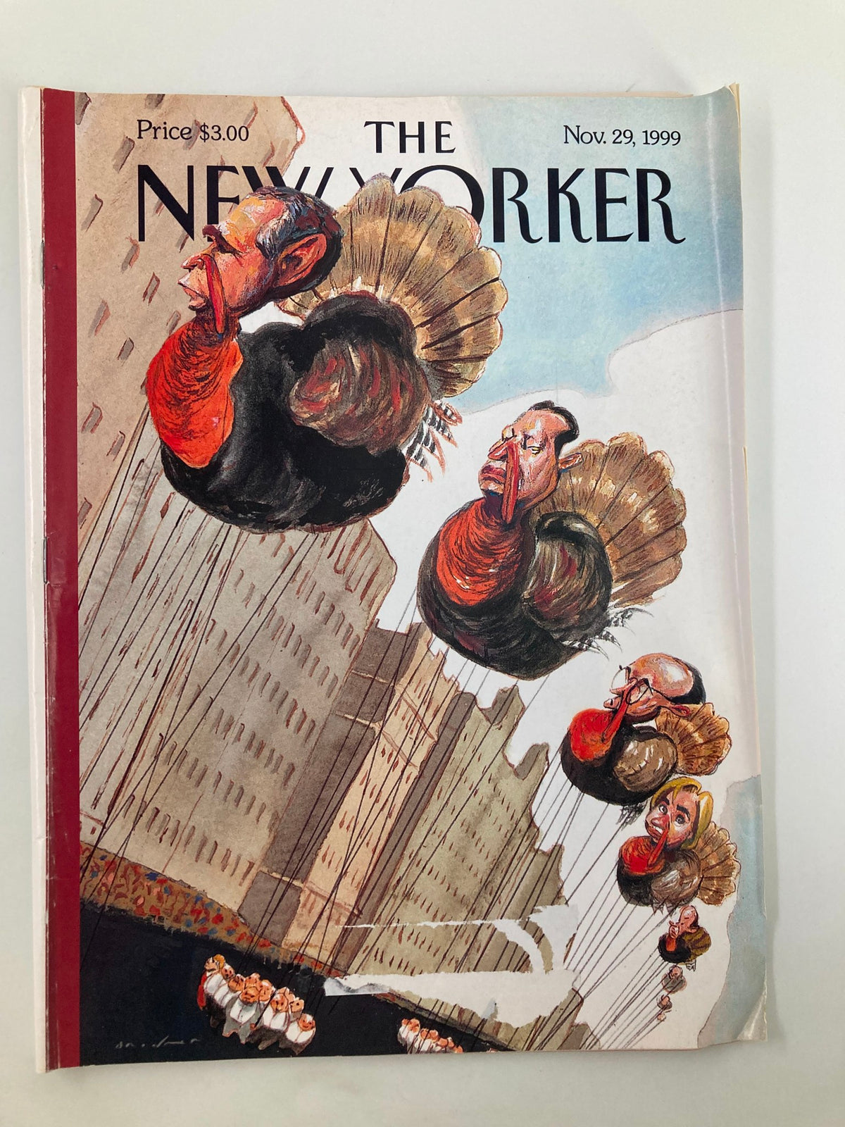 Cover of The New Yorker Magazine, November 29, 1999, featuring the Turkey Day illustration by Steve Brodner, depicting humorous turkey balloons resembling political figures.