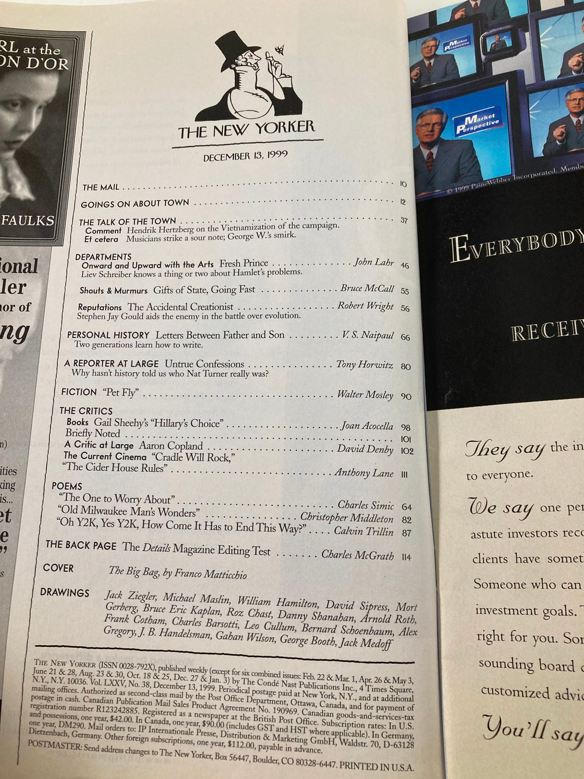 Interior page of The New Yorker Magazine December 13, 1999, displaying the table of contents with articles and illustrations including 'The Big Bag' by Franco Matticchio.