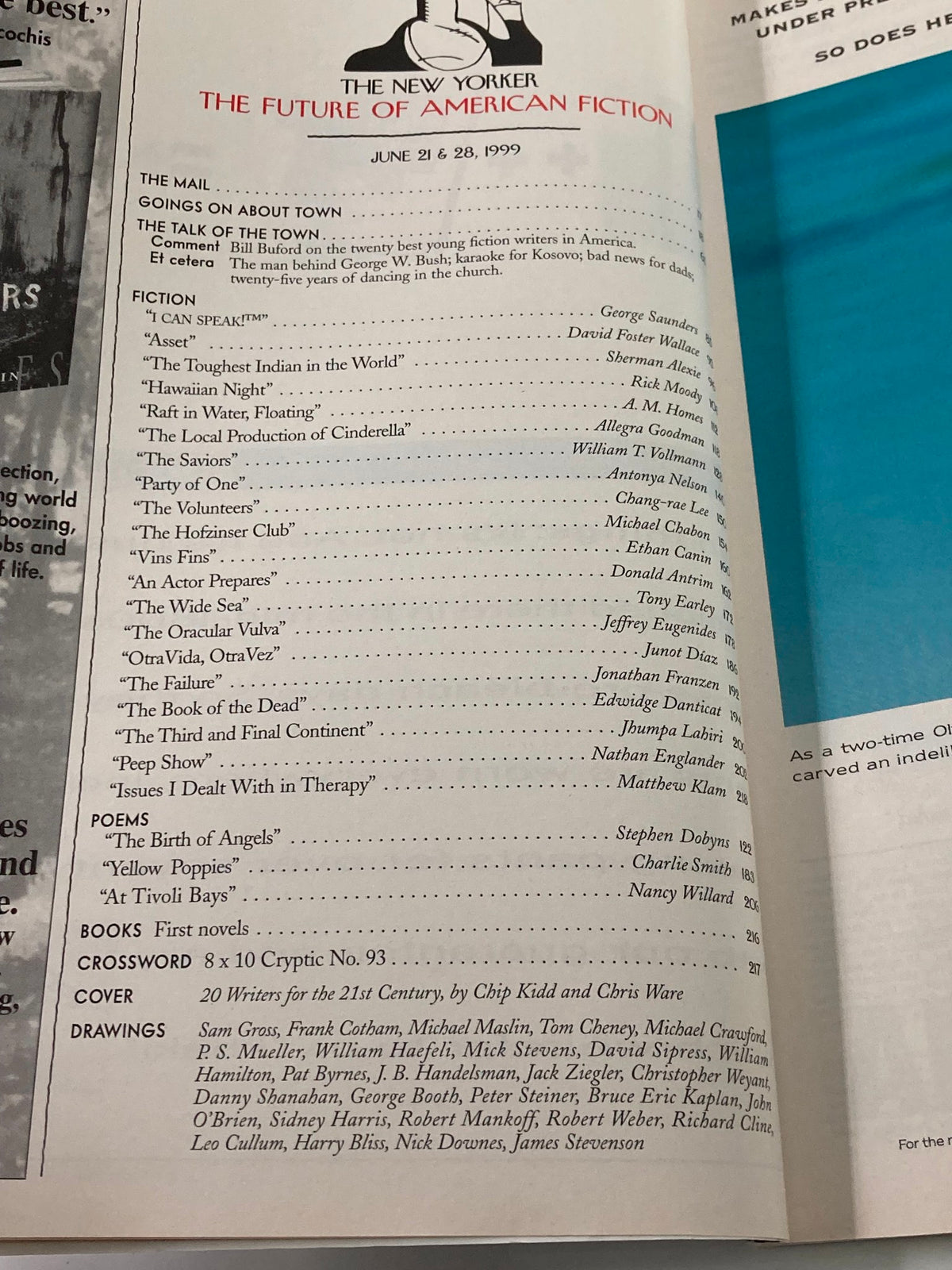 Interior page from The New Yorker Magazine, June 21 & 28, 1999, showcasing the table of contents, highlighting featured fiction and articles in the edition '20 Writers for the 21st Century' curated by Chip Kidd.