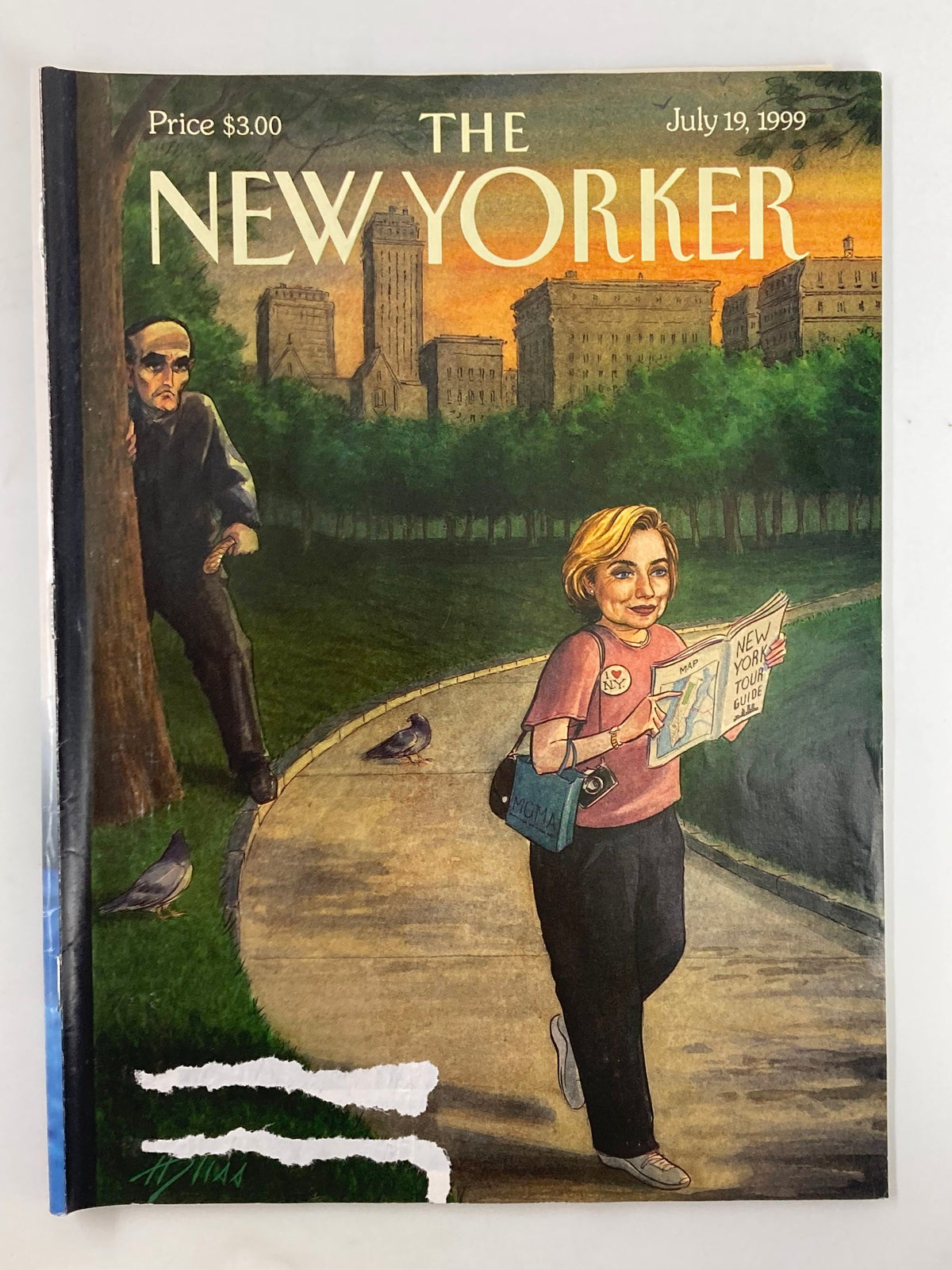 Cover of The New Yorker Magazine from July 19, 1999, featuring the illustration 'The Tough Guy & the Tourist' by Harry Bliss, depicting a woman navigating Central Park with a map while a mysterious figure watches from behind a tree.