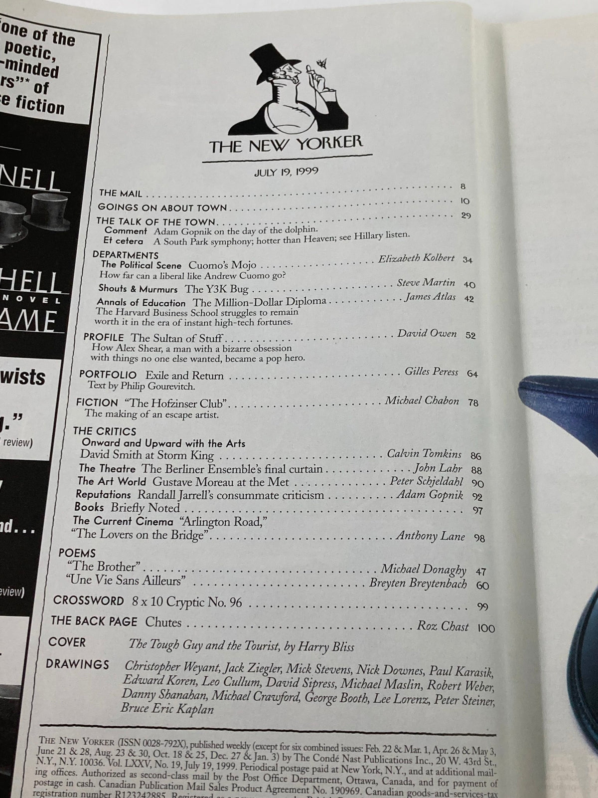 Table of contents for The New Yorker Magazine, July 19, 1999, listing articles and features including 'The Tough Guy and the Tourist' by Harry Bliss, showcasing the magazine's diverse content and cultural commentary from the era.