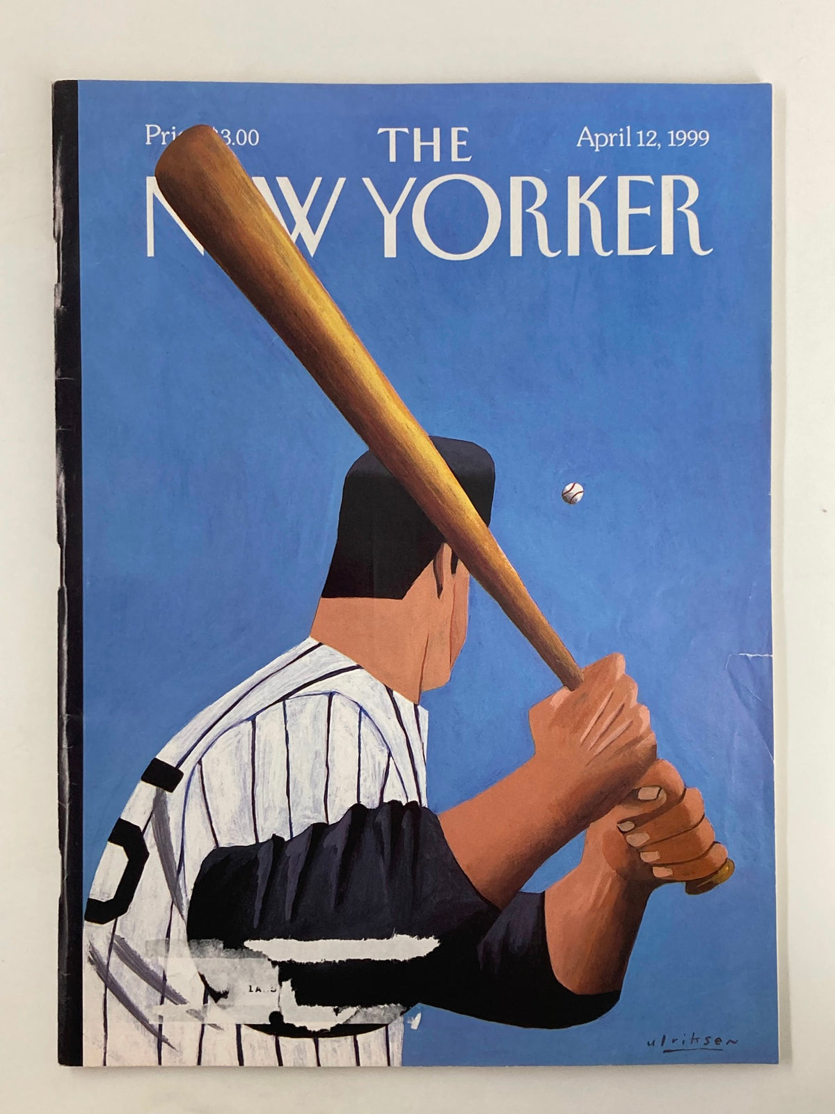 Cover of The New Yorker Magazine, April 12, 1999, featuring the artwork 'Opening Day' by Mark Ulriksen, showcasing a baseball player holding a bat against a blue background.
