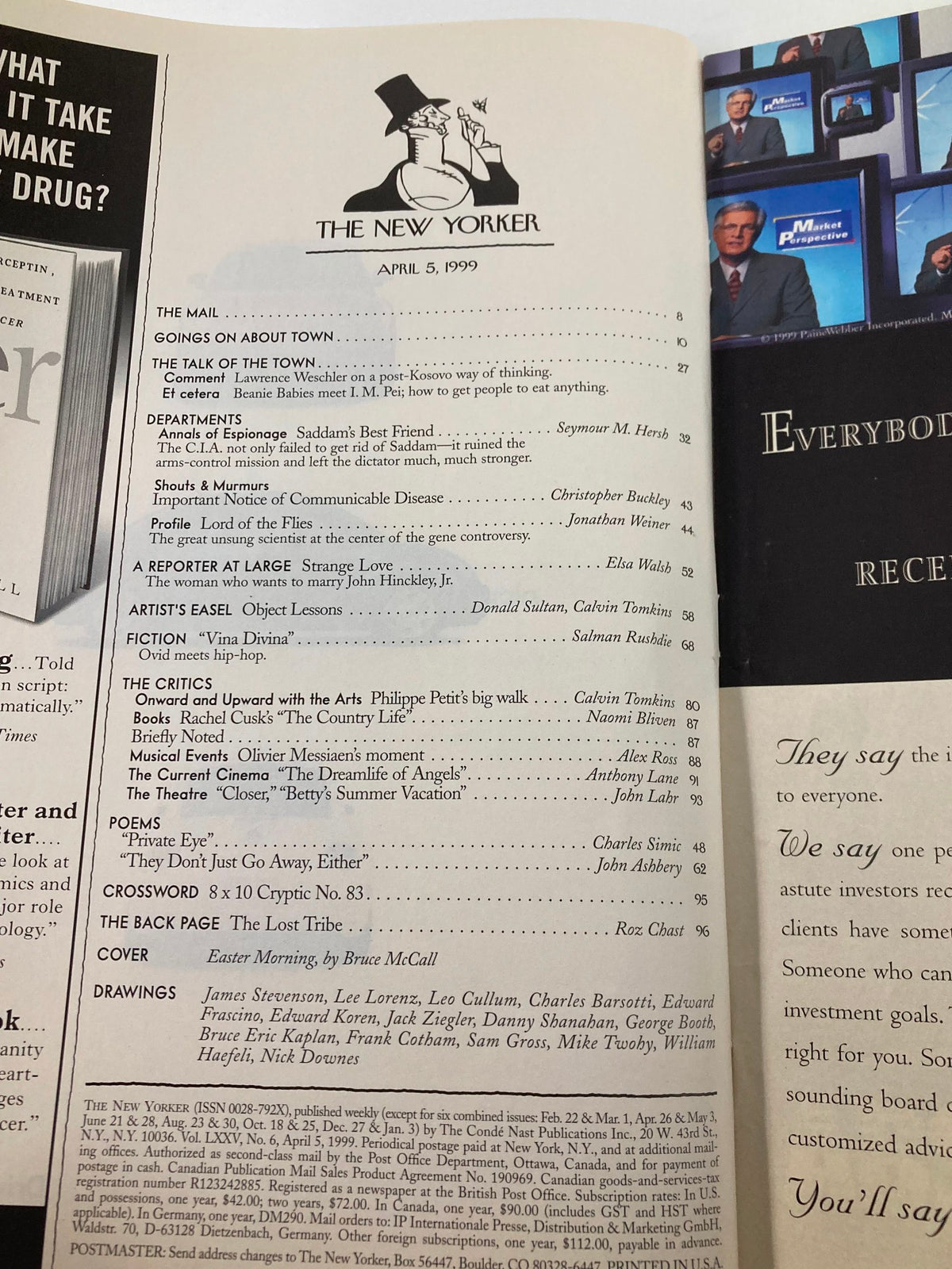The New Yorker Magazine April 5 1999 interior page displaying the table of contents and editorial details, highlighting features and articles from that issue.