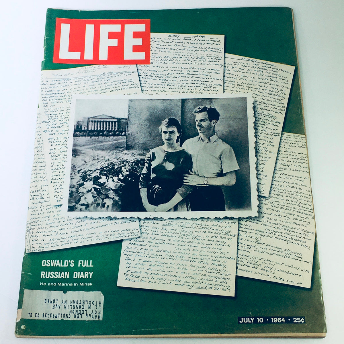 Cover of VTG Life Magazine from July 10, 1964, featuring Lee Harvey Oswald's Full Russian Diary with a photograph of Oswald and Marina in Minsk, surrounded by handwritten diary notes.