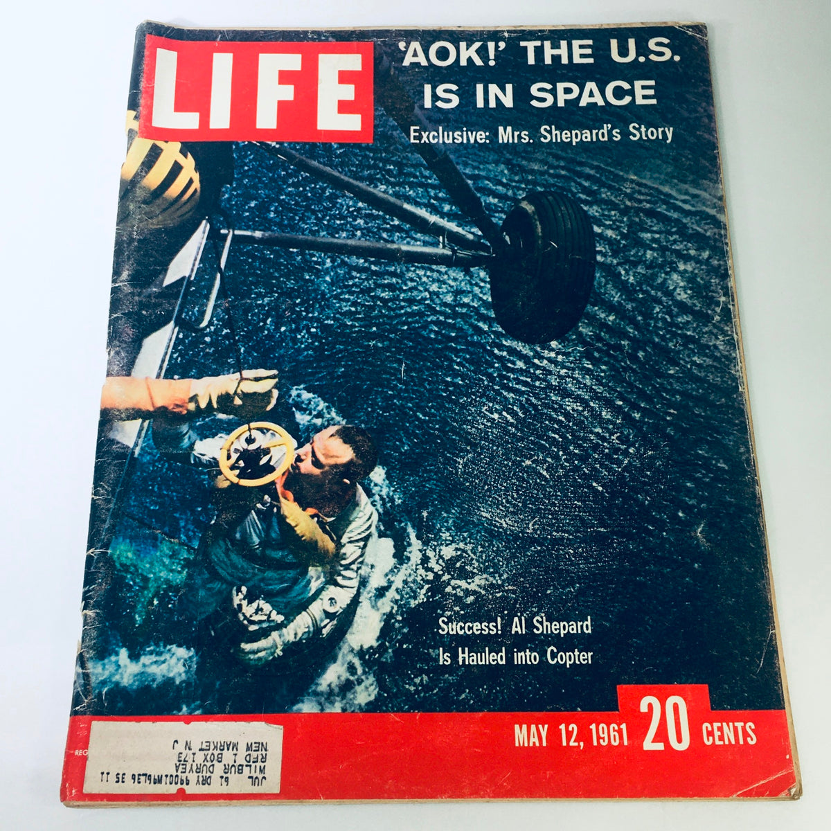 Vintage Life Magazine cover from May 12, 1961, featuring the title 'AOK! The U.S. Is In Space' along with a photo showing astronaut Al Shepard being rescued. An exclusive story about Mrs. Shepard is highlighted.