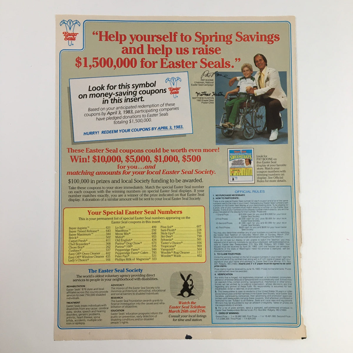 Vintage advertisement page featuring the 1983 Pepperidge Farm Golden Cake and Folger's Coffee Circular Coupon, promoting Spring Savings and fundraising for Easter Seals, showcasing various Easter Seal coupons and important details.
