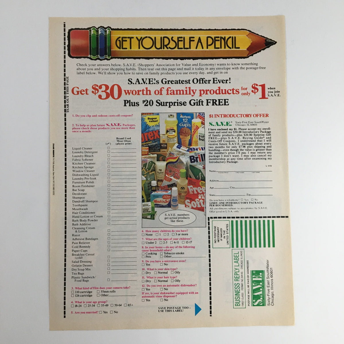 1983 Shopper's Association Save Circular Coupon Advertisement featuring a survey and membership sign-up section, accompanied by images of family products, highlighting a value offer and introductory package for S.A.V.E. members.