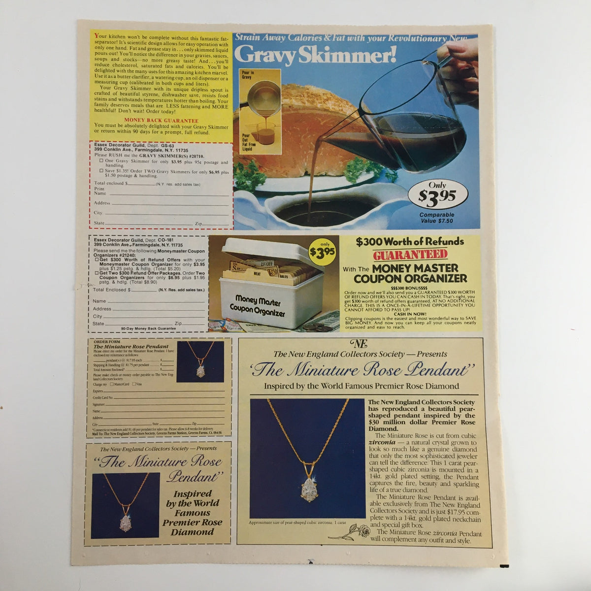 1983 Fine Brands Easter Seal Society Circular Coupon Advertisement showcasing a vintage promotional coupon advertisement with a gravy skimmer product highlighted for sale at $3.95 along with a necklace featuring the Miniature Rose Pendant. Advertising includes $300 worth of refunds guaranteed with the Money Master Coupon Organizer. The layout features colorful graphics and product images, emphasizing its collectible nature.